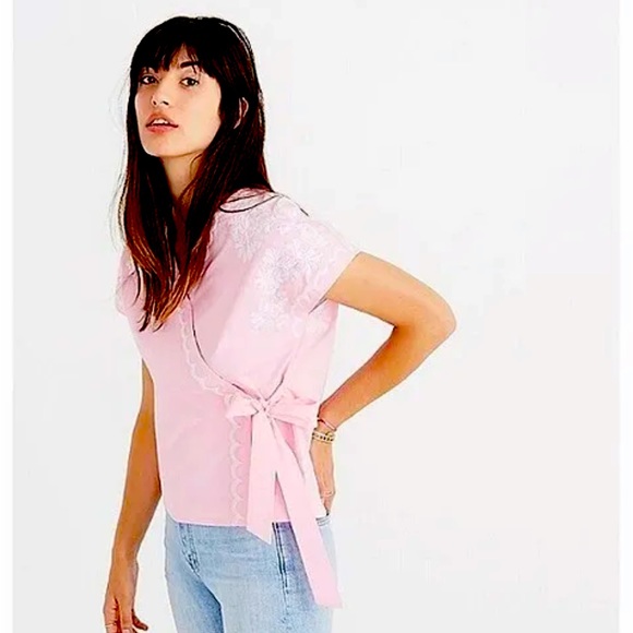 Madewell Embroidered Side-Tie Wrap Top WOMENS SIZE SMALL PINK - Picture 1 of 4